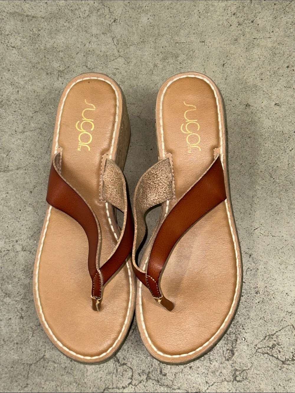Sugar Brown and Tan Wedge Thong Sandals